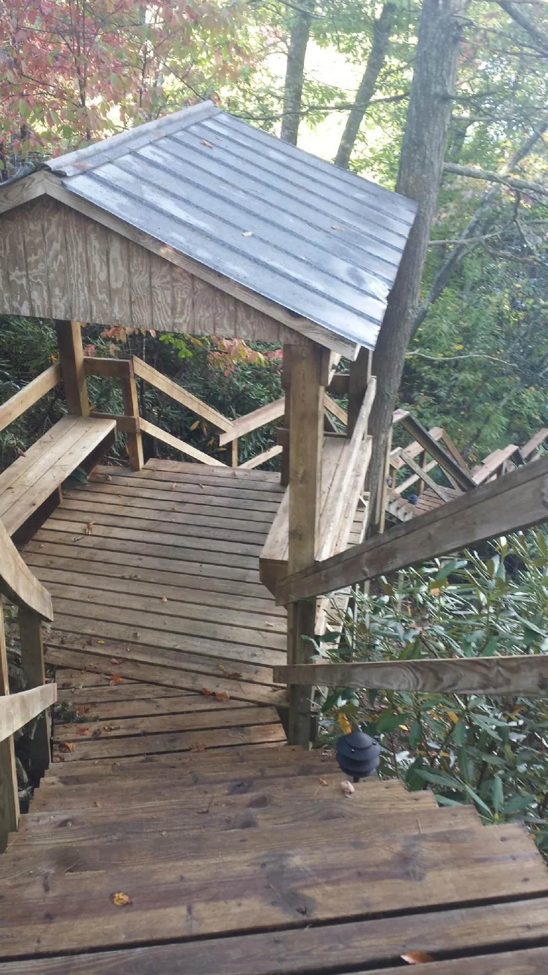 Metal roofed shelter over wooden steps on a wooded walkway — Skylight Repair & Installation work by our crew in Pevely
